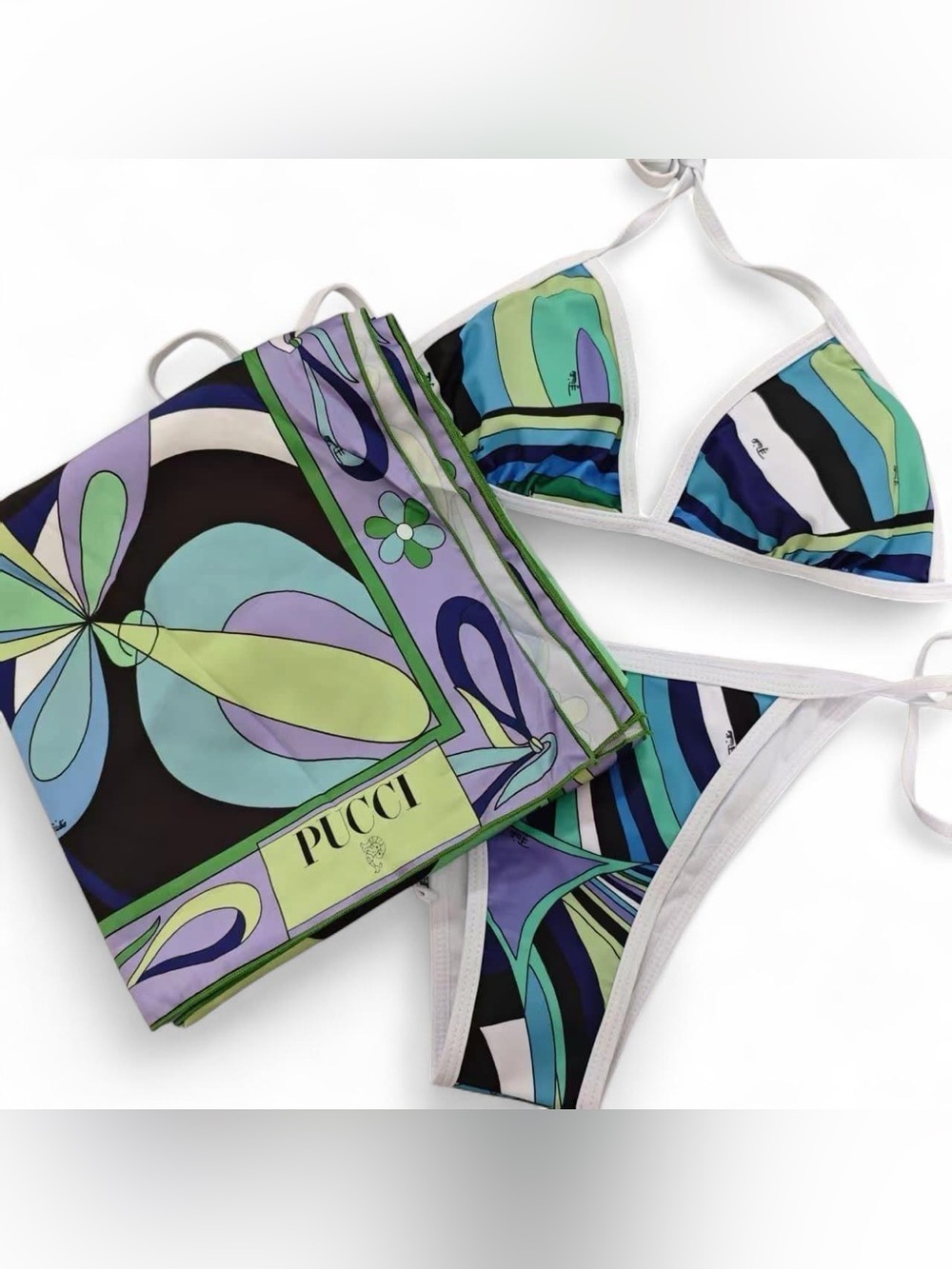 Pucci Inspired Multicolor Graphic Bikini Set with Matching Scarf